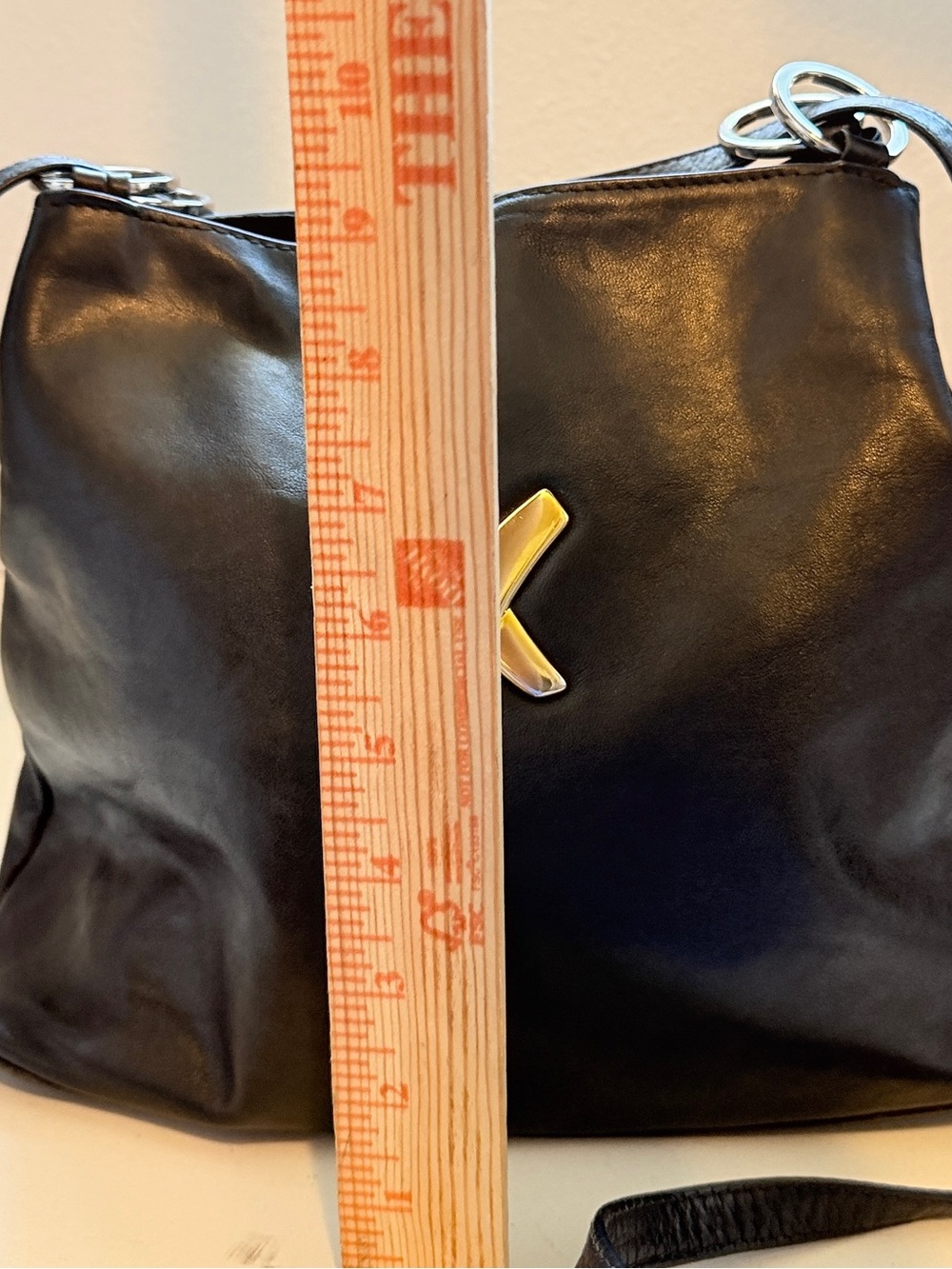 VINTAGE BLACK LEATHER SHOULDER BAG GOLD X LOGO ITALY purse - Picture 3 of 9